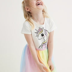 Girls Unicorn Mesh Princess Dress Short Sleeve Cotton TuTu Dress