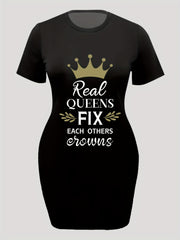  Casual Dress Women's Plus Crown & Letter Print Short Sleeve Tee Dress