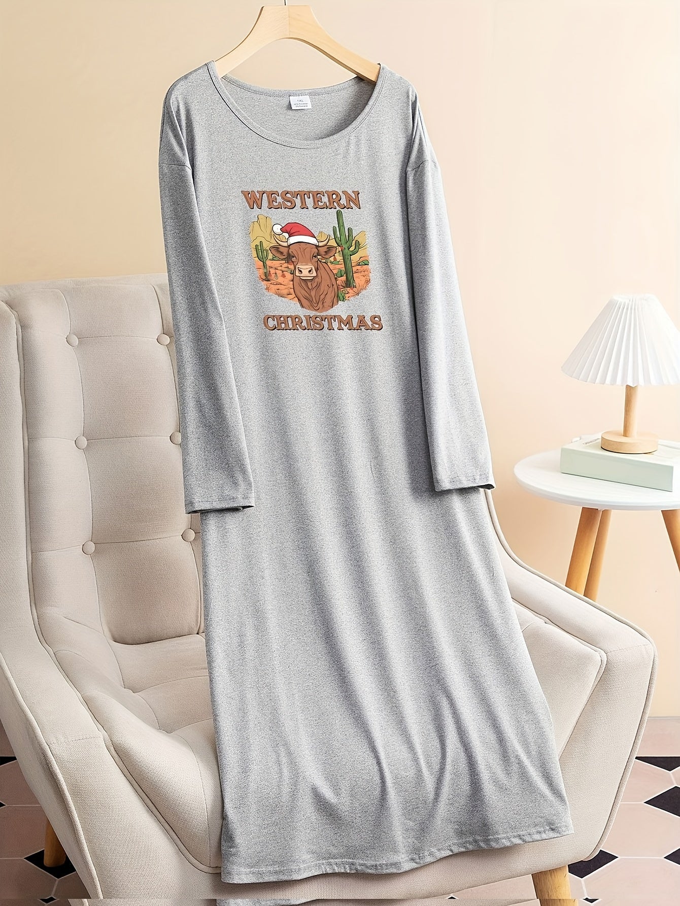  Christmas Lounge Dress Women's Christmas Cow Graphic Tee Dress