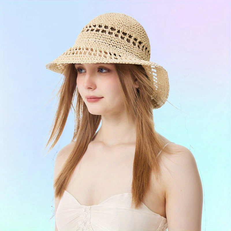 Apricot Sun Hat Wide Brim Straw Bucket Hat Lightweight Breathable for Women