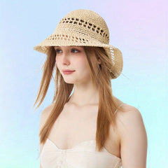 Apricot Sun Hat Wide Brim Straw Bucket Hat Lightweight Breathable for Women