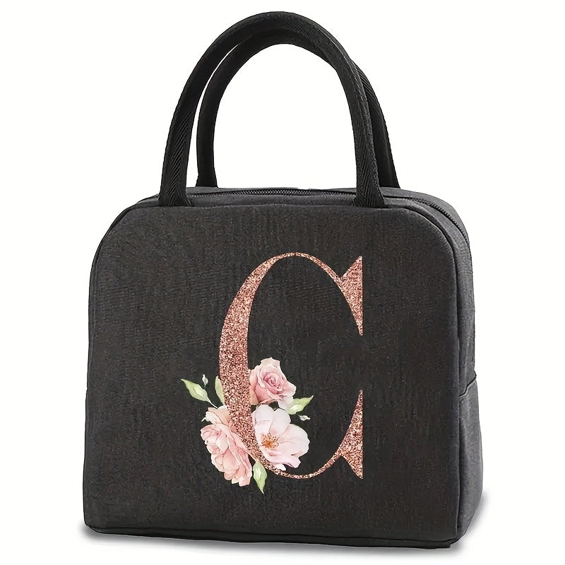 Glittery Letter B Insulated Lunch Bag with Floral Design