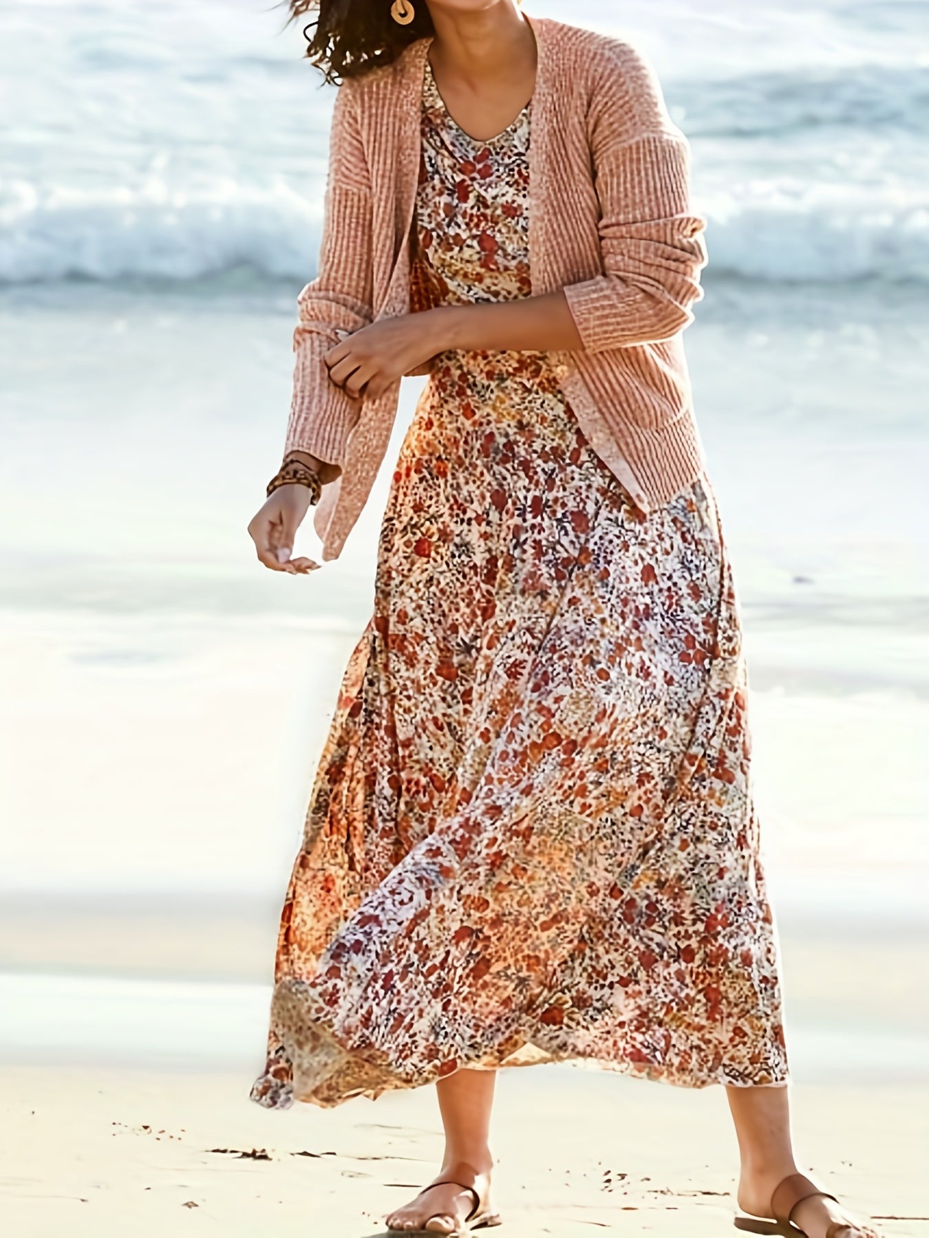 Plus Size Ditsy Print Maxi Dress Half Sleeve Round Neck