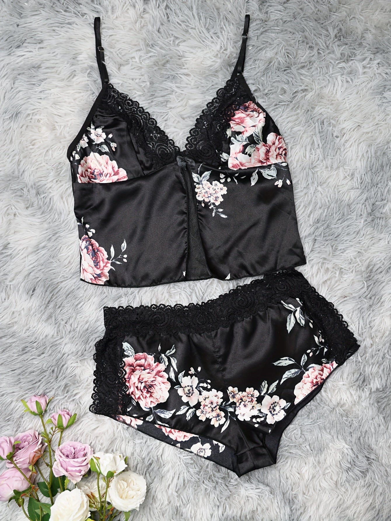 Floral Print Lace Trim V Neck Cami Top & Shorts