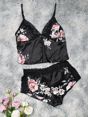 Floral Print Lace Trim V Neck Cami Top & Shorts