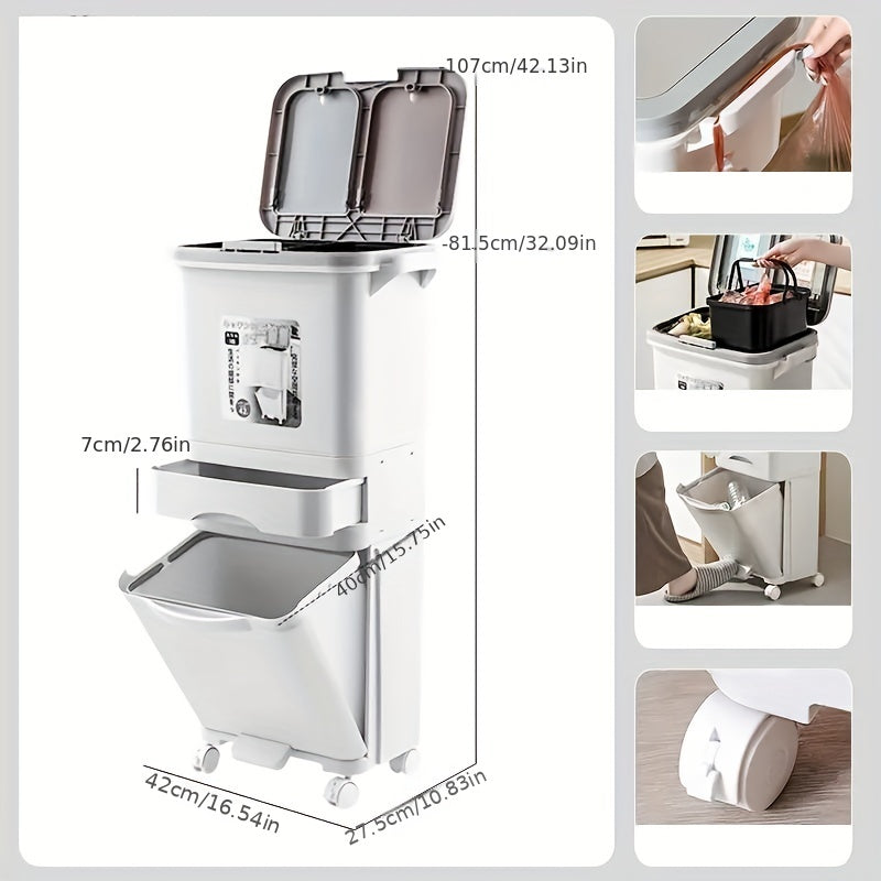 Large Capacity Trash Can with Lid, Household Rubbish Bin, Dry/Wet Separation
