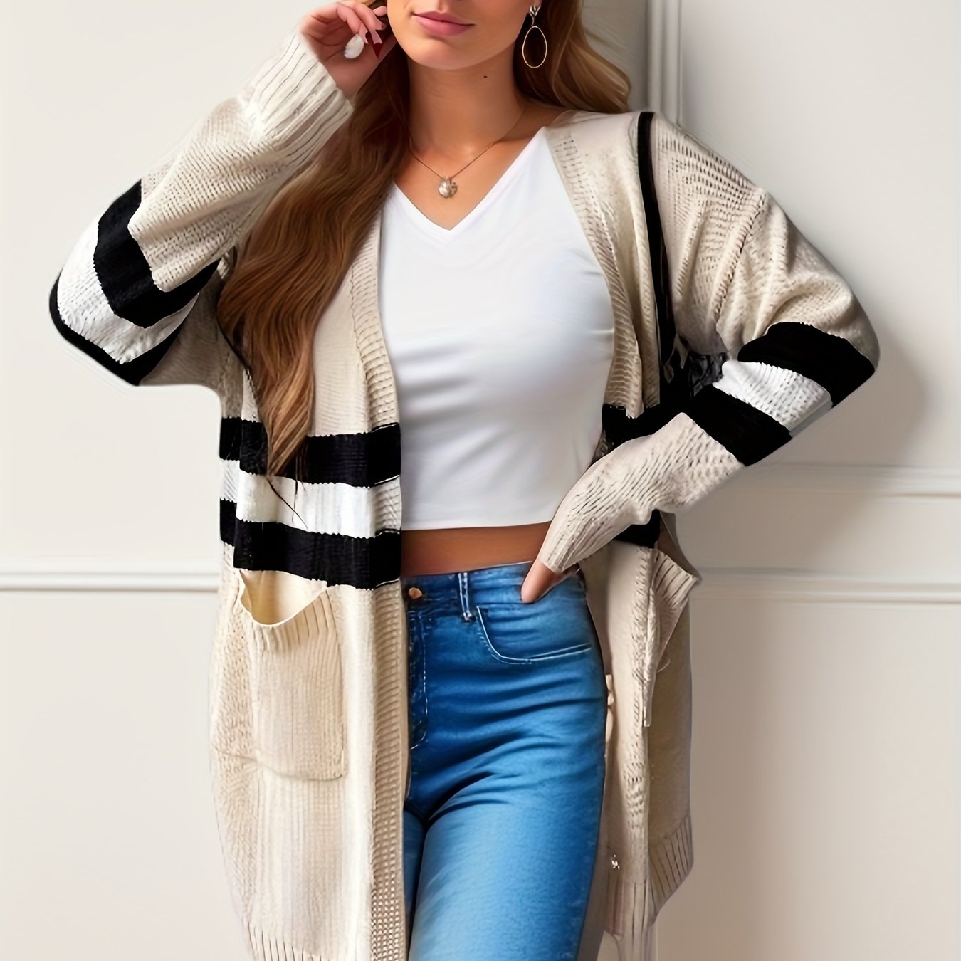  Striped Long Sleeve Open Front Cardigan With Pockets