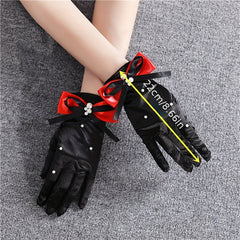 Bridal Gloves Red Bow Pearl Accents Funky Polyester Wedding Dress Accessory