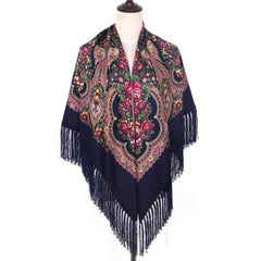 Vintage Flower Print Tassel Shawl Boho Square Scarf Wrap with Fringes