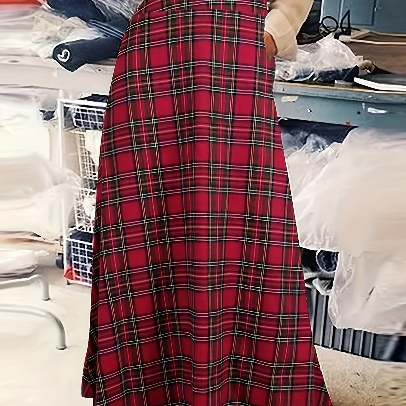  Plaid Print High Rise Swing Maxi Skirt