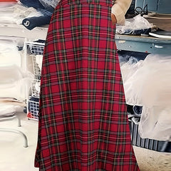  Plaid Print High Rise Swing Maxi Skirt
