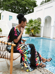  Boho Cover Up V Neck Bat Sleeve Split Dress