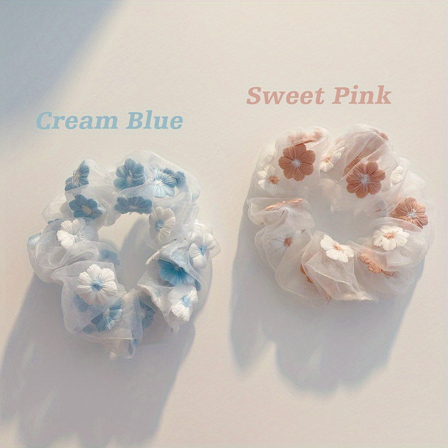 2pcs Flower Pattern Scrunchie Hair Tie Non Slip Ponytail Holder Elastic Hair Acc