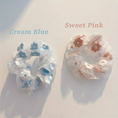 2pcs Flower Pattern Scrunchie Hair Tie Non Slip Ponytail Holder Elastic Hair Acc