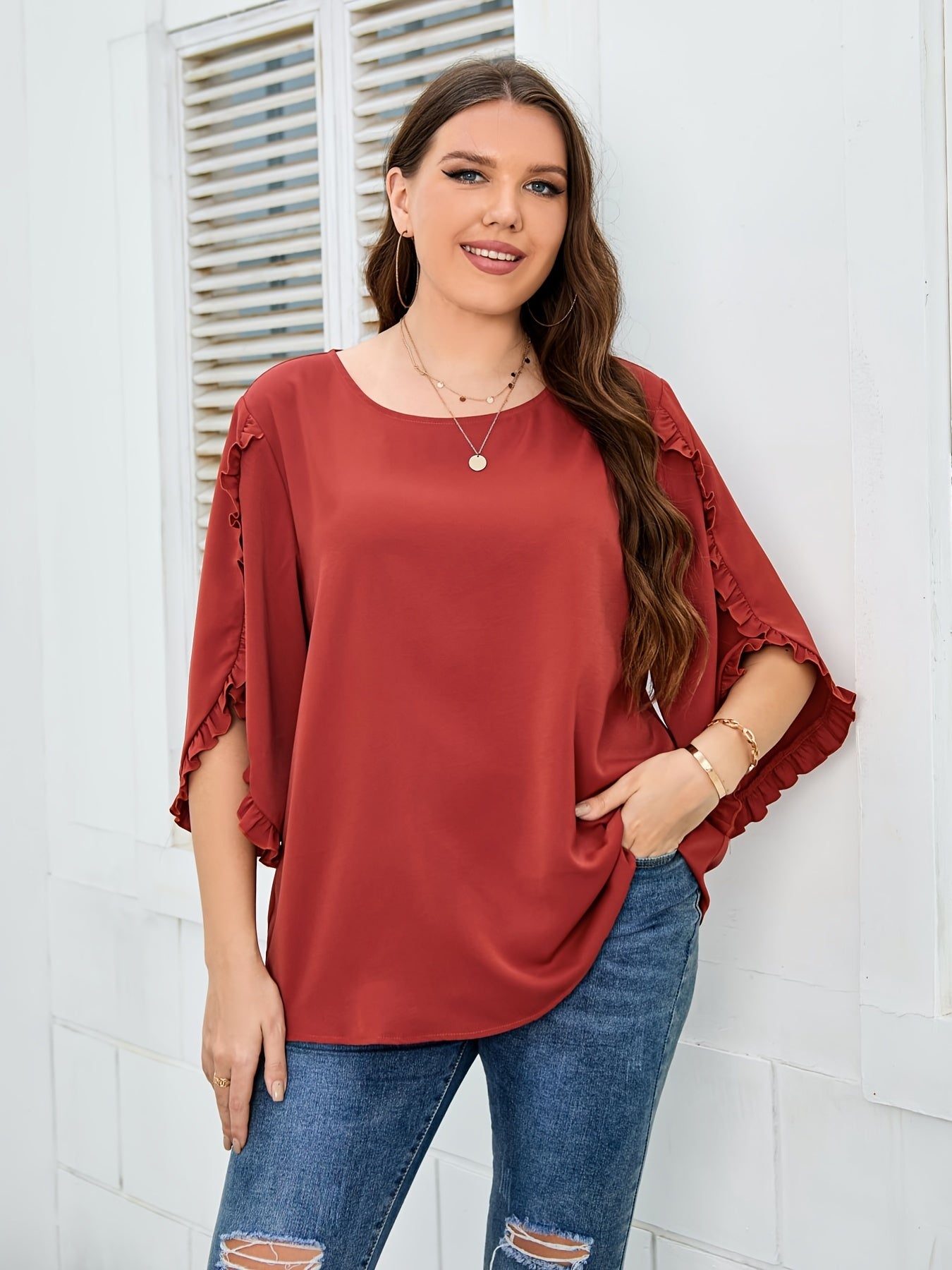  Ruffle Trim Long Sleeve Top Women's Plus Round Neck T-Shirt