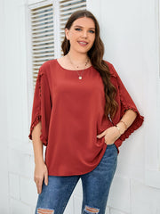  Ruffle Trim Long Sleeve Top Women's Plus Round Neck T-Shirt