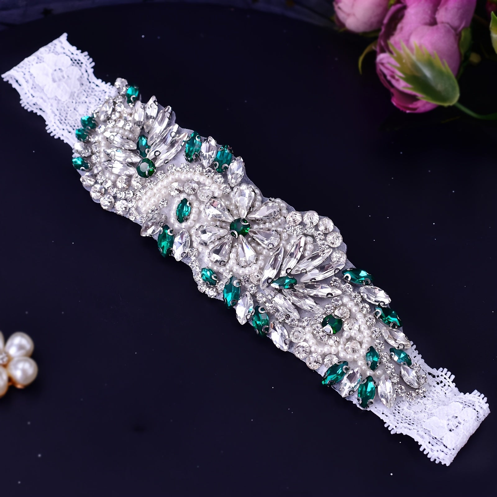 Vintage Lace Garter Bands with Rhinestone Accents and Teal Bow