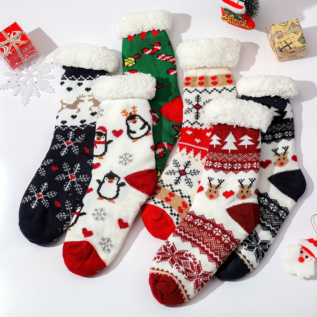 6 Pairs Christmas Print Socks Plush Lined Stockings & Hosiery