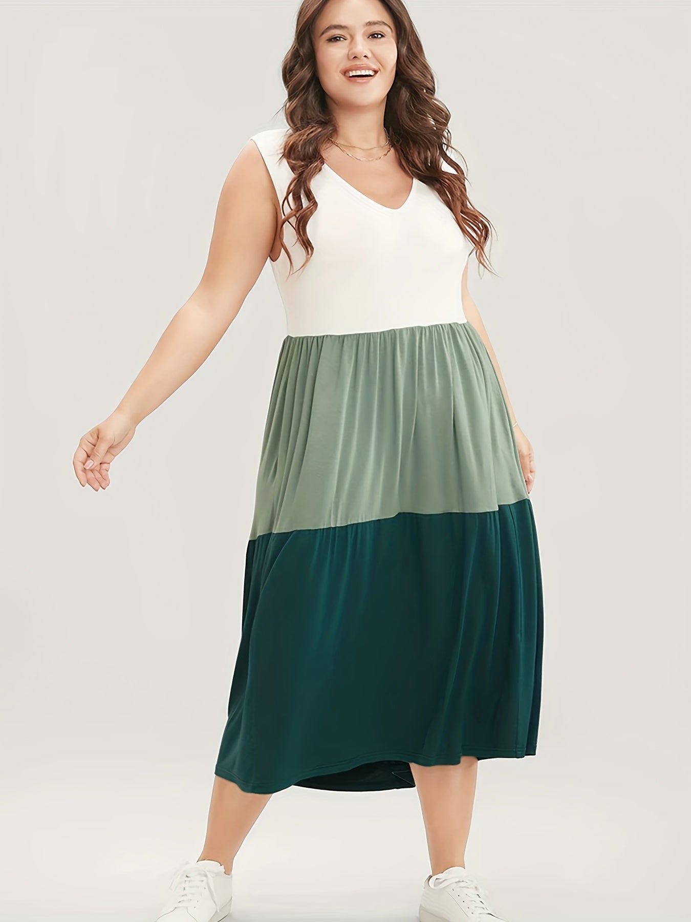  Colorblock V Neck Maxi Tank Dress