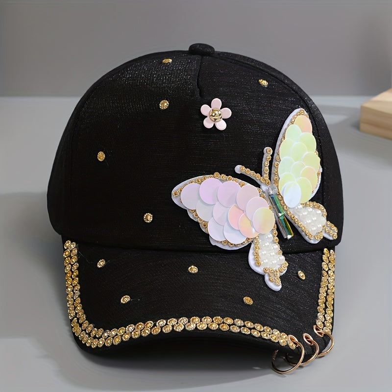 Y2K Butterfly Baseball Cap Rhinestone Sequin Pearl Cotton Hat