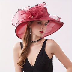 Organza Lace Derby Hat Wide Brim Flower Decor Sun Hat Lightweight