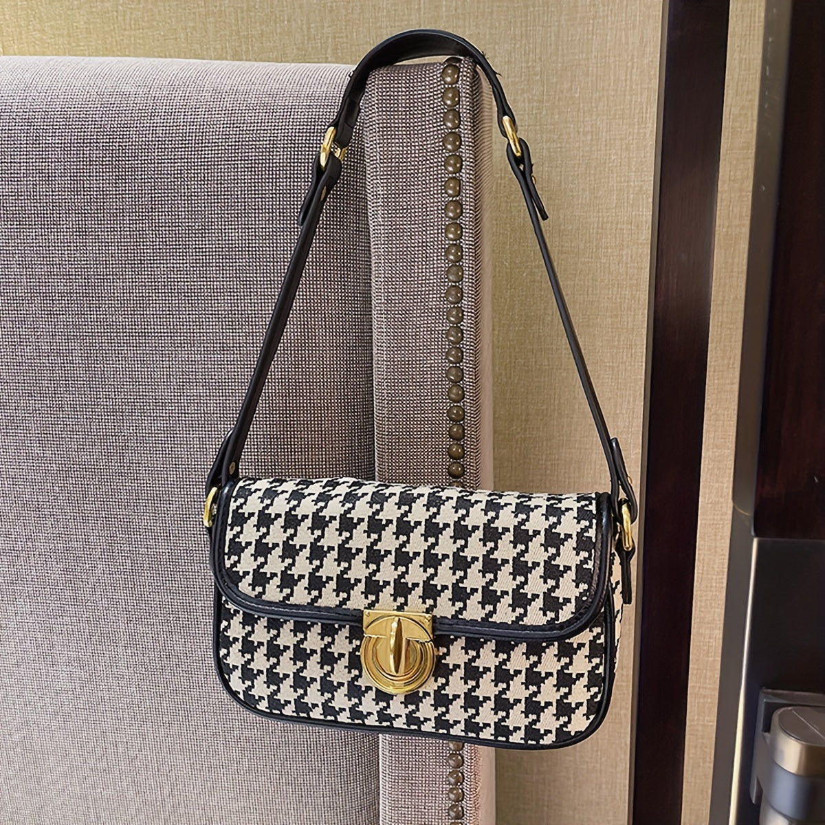 Women's Houndstooth Underarm Bag Lightweight Turn Lock Armpit Bag