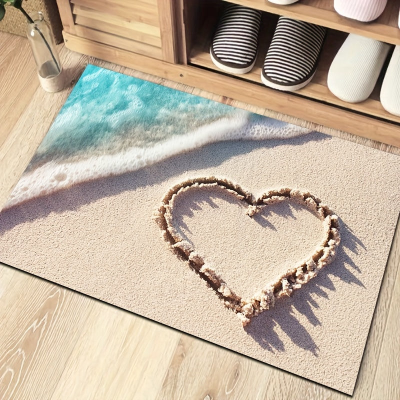 Romantic Wave & Heart Print Rug - Machine Washable Kitchen Carpet