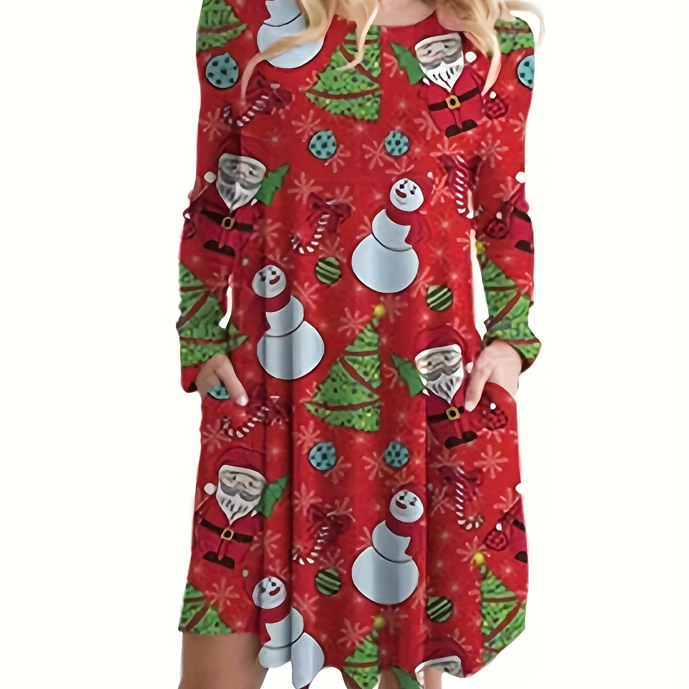  Christmas Casual Dress Women's Plus Christmas Tree & Snowman Print