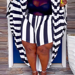  Stripe Print Bat Sleeve Cardigan & Shorts Outfit