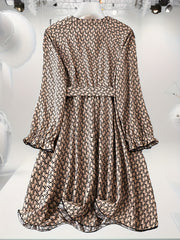  Allover Print Lantern Sleeve Casual Dress with Belt