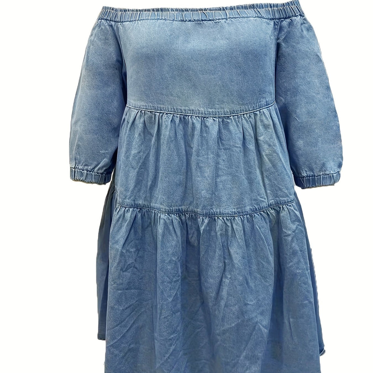  Smock Denim Dress Women Off Shoulder Bubble Sleeve