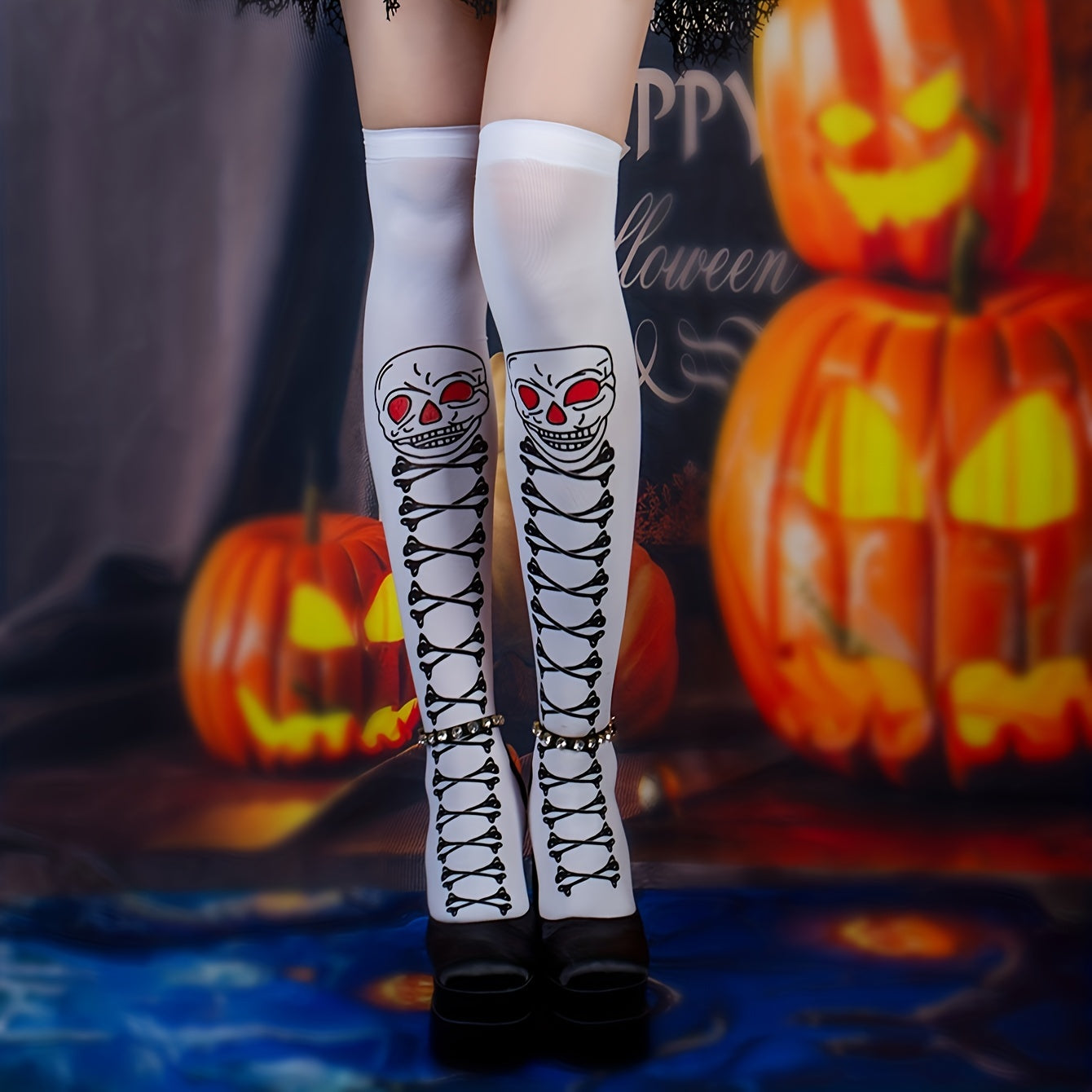 Halloween Skull Print Over The Knee Socks Women's Stockings