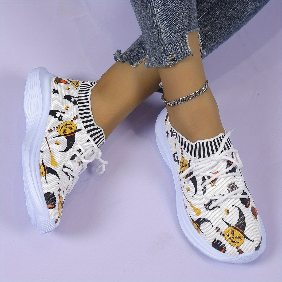 Halloween Pumpkin Print Mesh Running Shoes