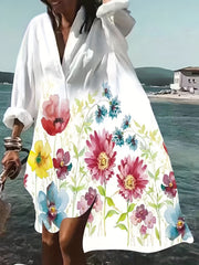  Casual Floral Print Long Sleeve Shirt Dress