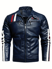 Men's Cycling Jacket Zipper Pockets Washed PU Leather Lapel Zip Up Jacket