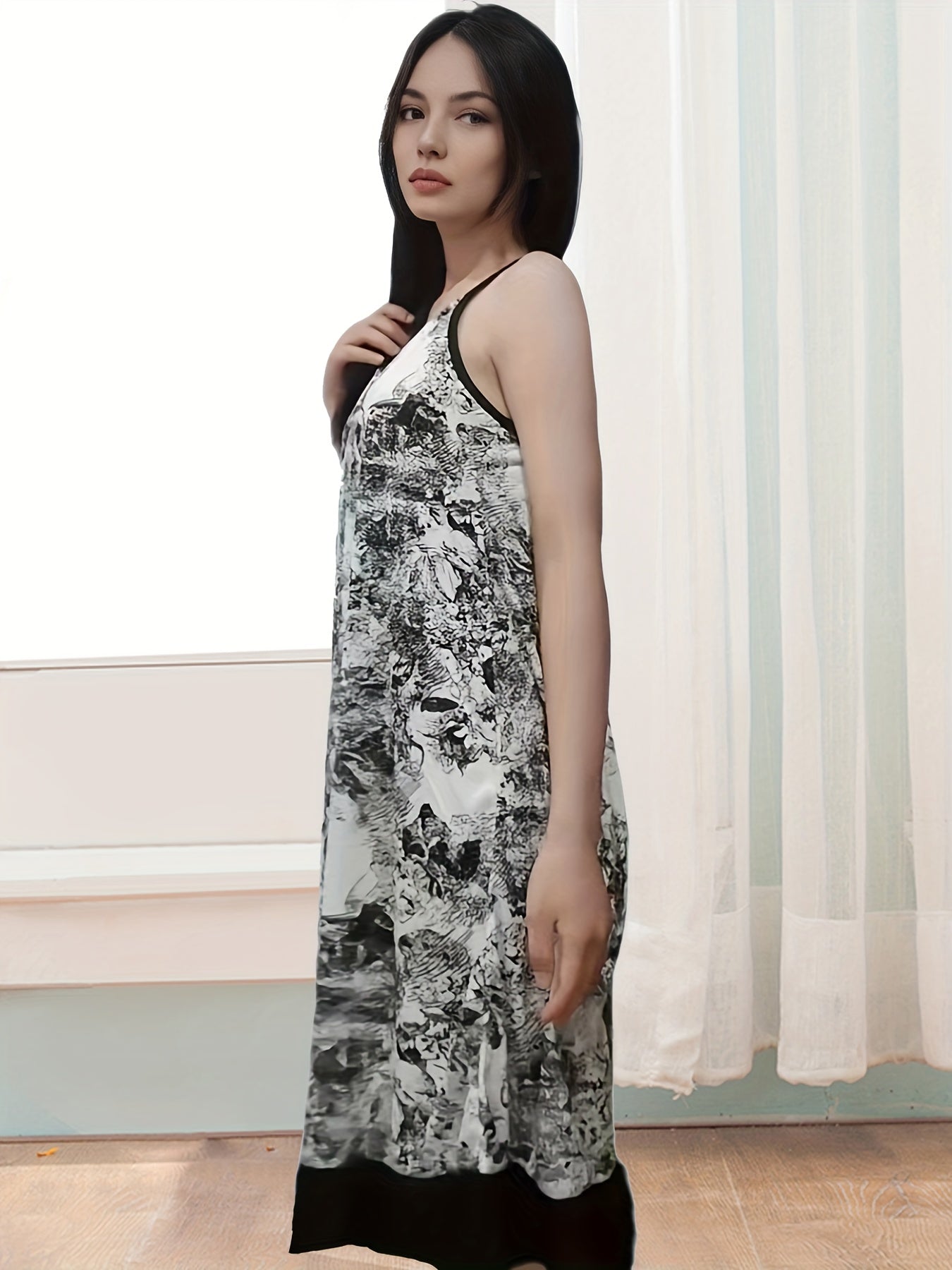 Ink Painting Print Nightdress Sexy V Neck Ruffle Spaghetti Strap