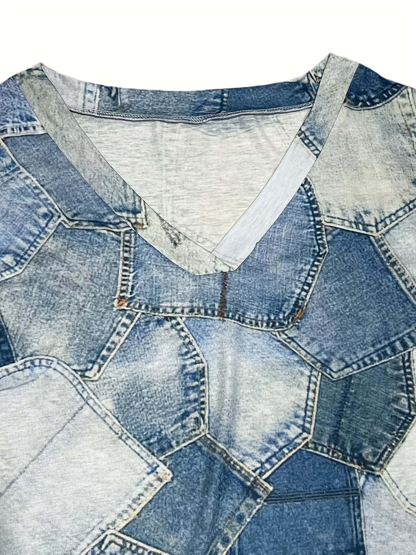  Denim Print Short Sleeve V Neck Dress With Pockets