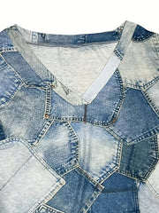  Denim Print Short Sleeve V Neck Dress With Pockets