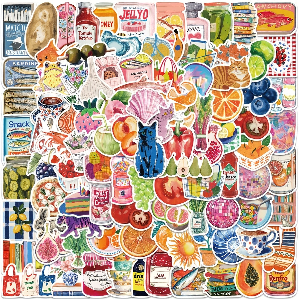 100pcs Retro Food & Fruit Stickers for Bottles Luggage
