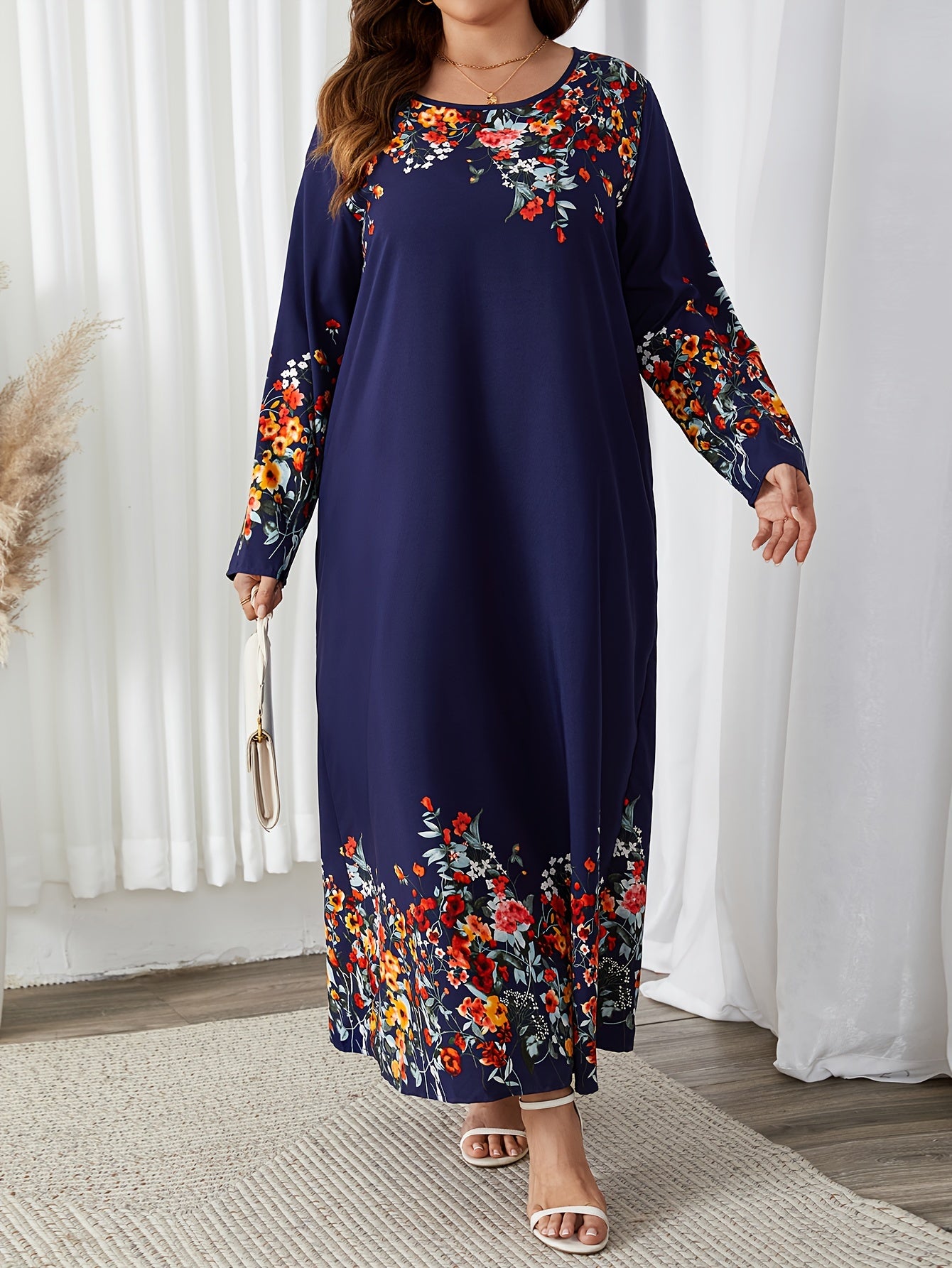  Floral Print Long Sleeve Abaya Dress