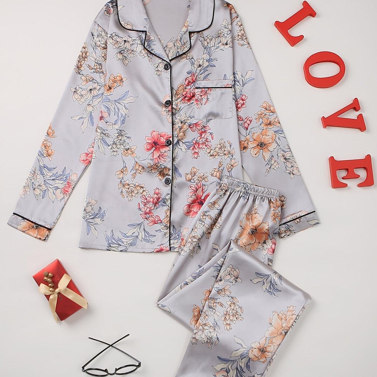 Floral Print Pajama Set Long Sleeve Button Up Top And Pants
