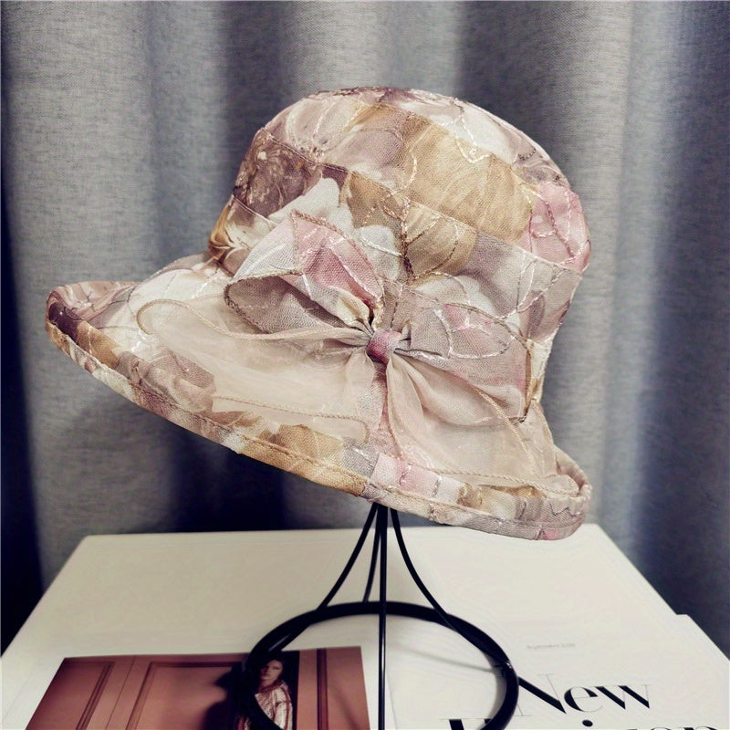 Flower Print Bucket Hat Ribbon Bow Decor Sun Hats Lightweight