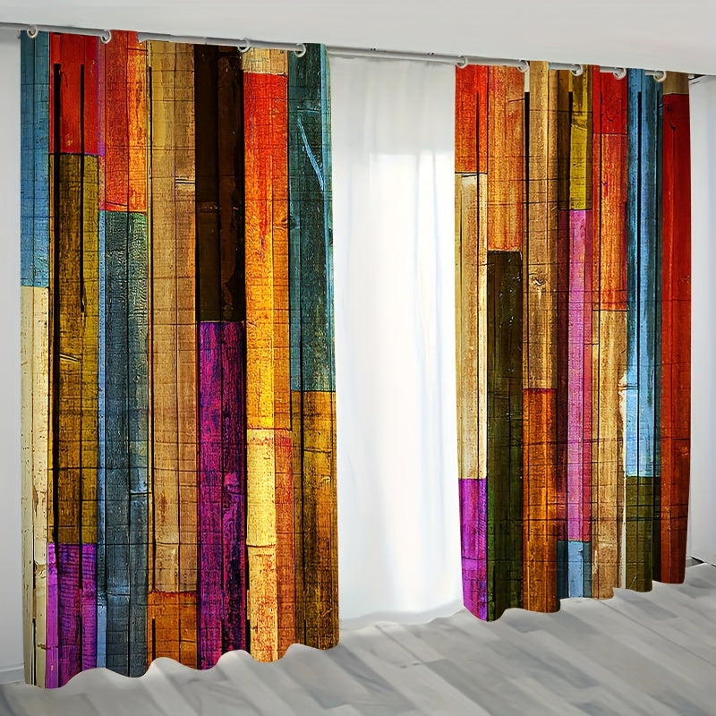 2pcs Wood Stripe Pattern Semi Blackout Curtains