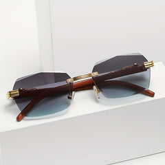Men's Wood Print Leopard Head Rimless Sunglasses Square Frame Glasses