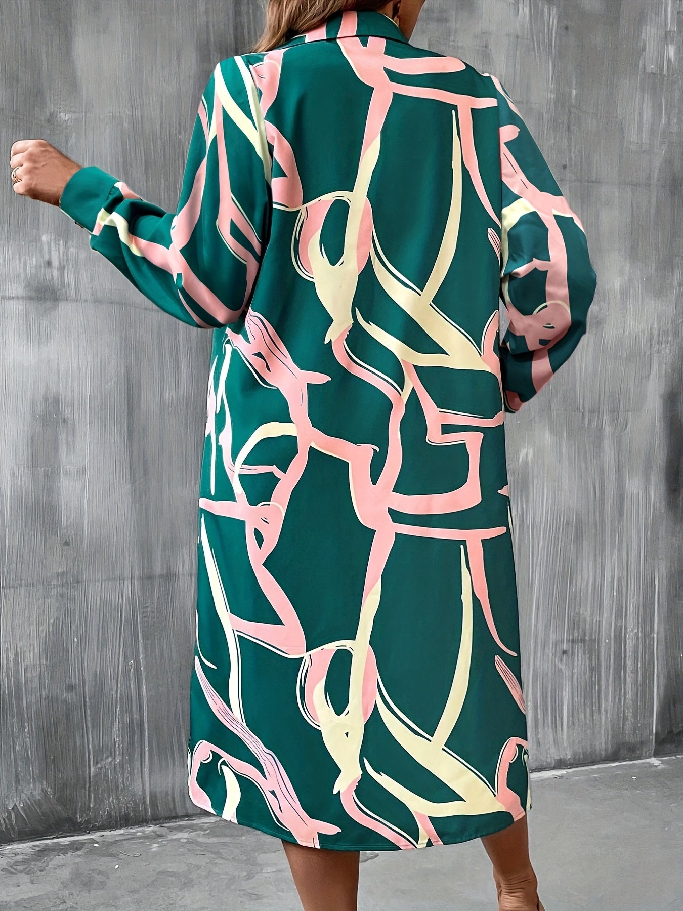  Abstract Print Long Sleeve Button Up Shirt Dress