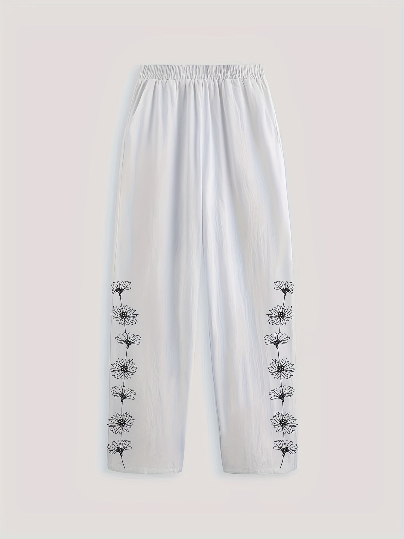  Floral Print Button Decor Elastic Pants