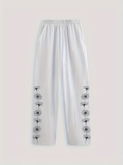  Floral Print Button Decor Elastic Pants
