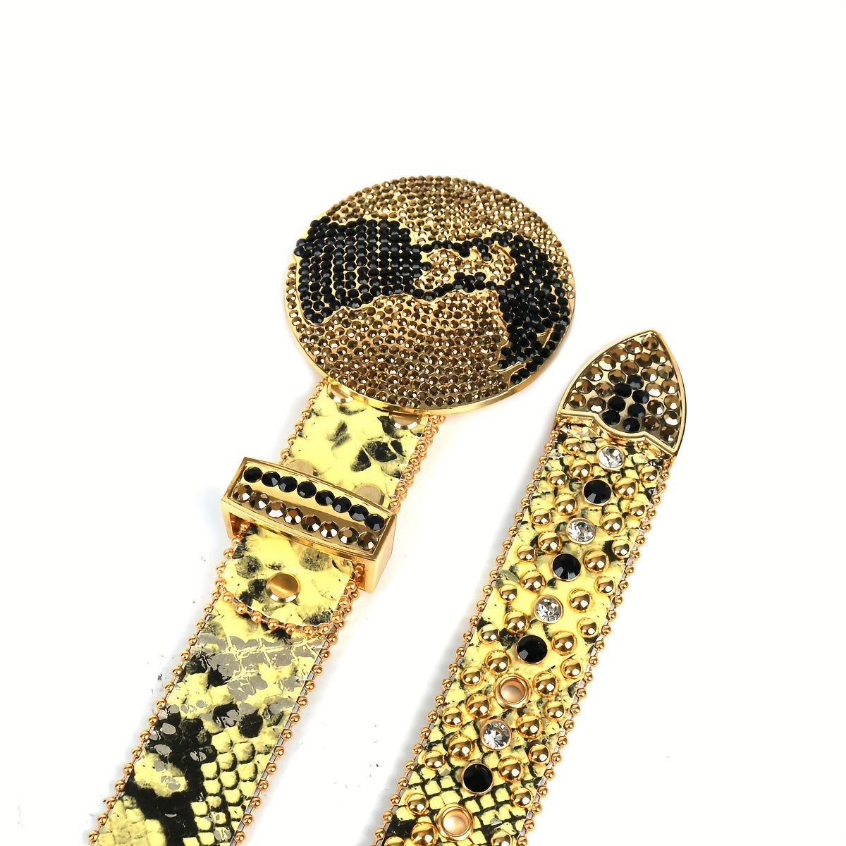 Yellow Sparkly Belt Y2K Punk Rivet Belts Rhinestone Round Buckle Belt