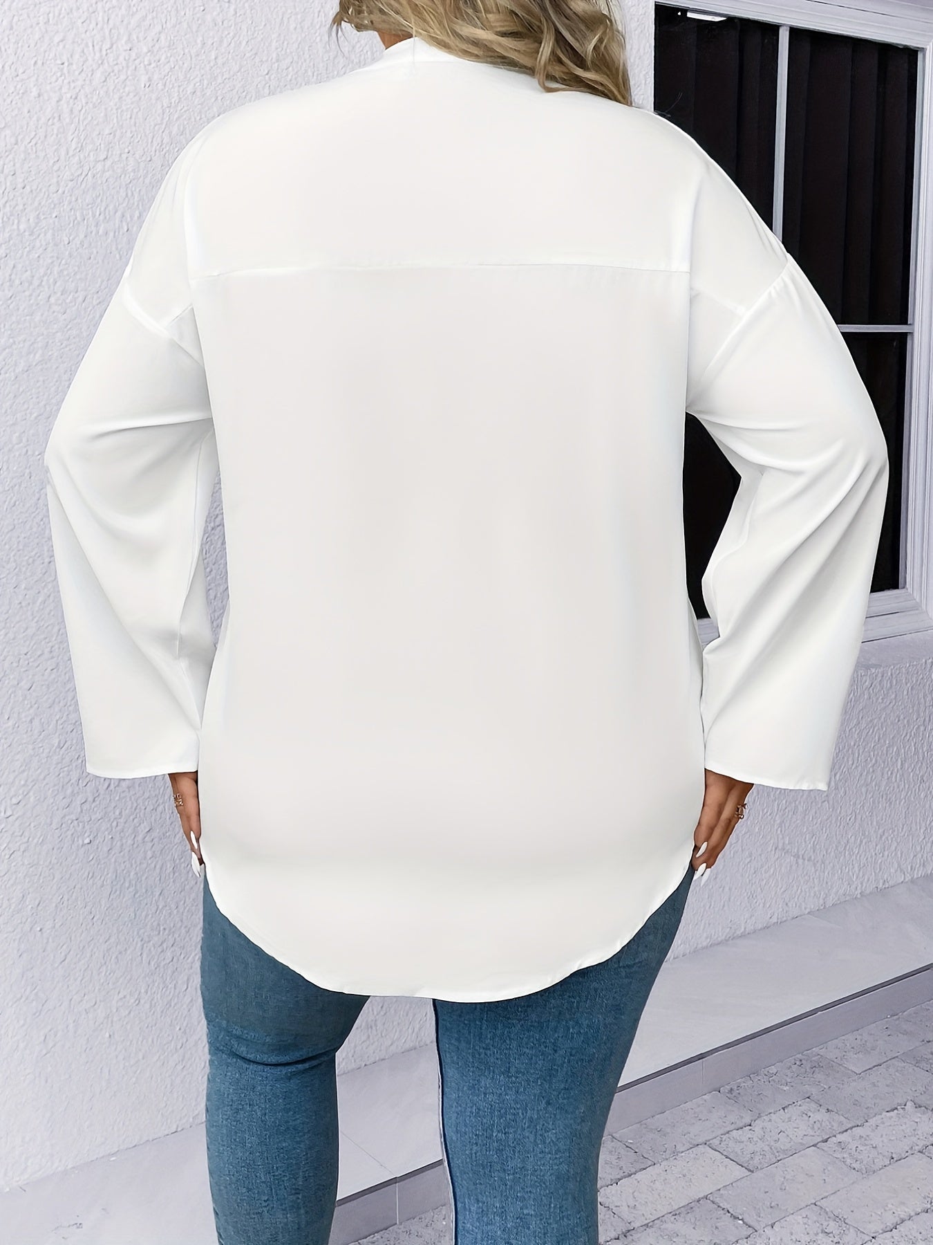  Solid Roll Up Sleeve Notched Neck Tunic Top