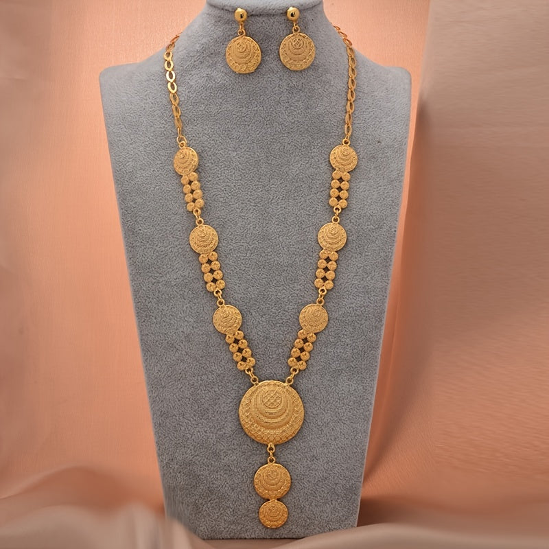 Vintage Copper Jewelry Set Pendant Necklace & Dangle Earrings 24K Plated